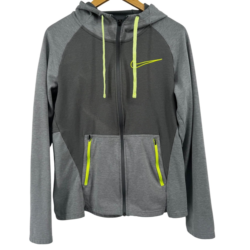 Nike‎ Therma-FIT Mens Grey Neon Full Zip Hoodie Size M DD2102-084 Swoosh Logo